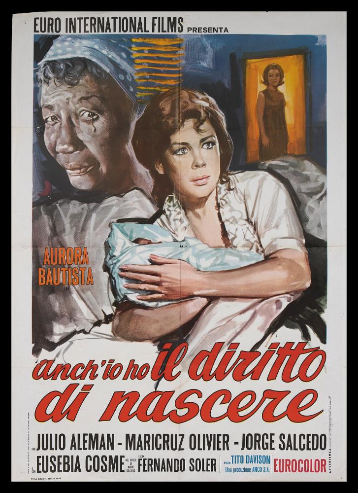 L'immagine riproduce uno dei manifesti conservati presso la Mediateca Regionale Pugliese (vedi Note). Si tratta di una delle versioni grafiche del manifesto del film "Anch'io ho il diritto di nascere". L'illustrazione, senza firma, presenta una pittura piuttosto tradizionale e descrittiva, dalle pennellate vibranti e luminose che accentuano la drammaticità della composizione. La scelta dei personaggi e la loro disposizione alludono con molta chiarezza al tema del film....
