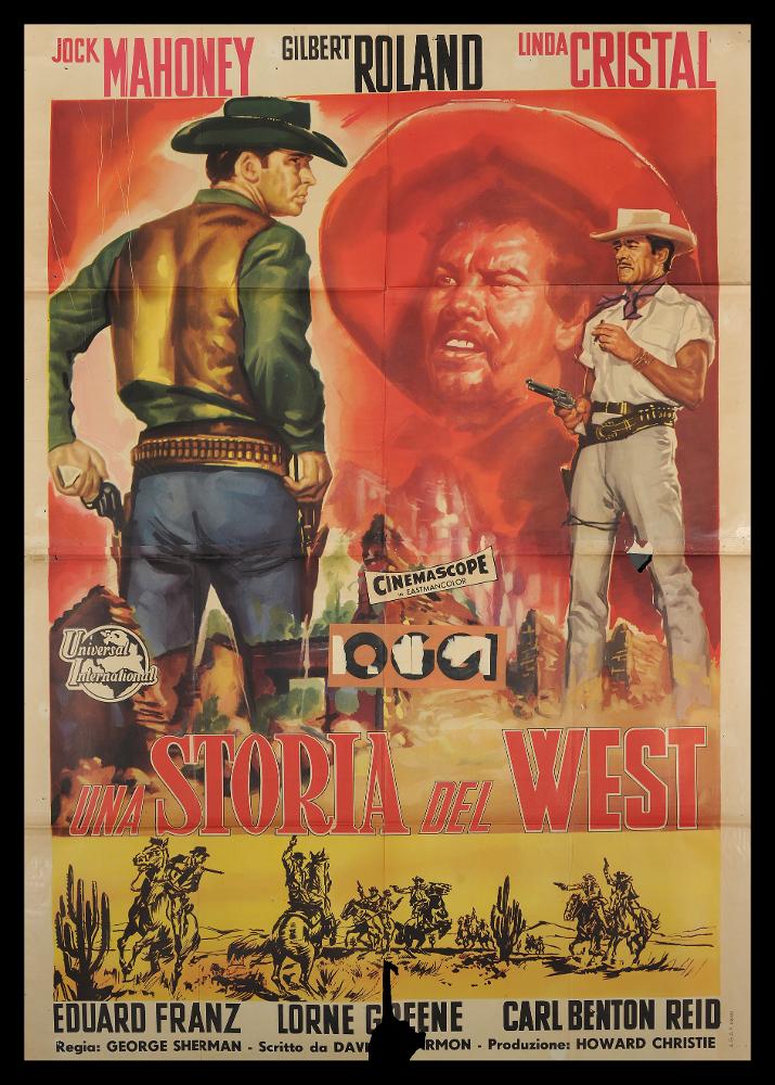 L'immagine riproduce uno dei manifesti conservati presso la Mediateca Regionale Pugliese (vedi Note). Si tratta del manifesto del film western americano "Una storia del West". Anche se privo di firma, la composizione mostra una pittura notevole, tipica delle opere di questo periodo. La grande scena centrale è molto narrativa, caratterizzata da bei dettagli che richiamano, soprattutto nel paesaggio, l'ambientazione western. Il fondo rosso, in cui emerge il volto di un cowboy, raccorda tutto l'insieme. Sotto il titolo, che spezza vivacemente la composizione, una piccola scena illustrata con una tipica battaglia western a cavallo....