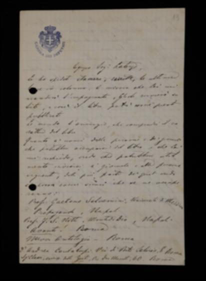 Nella lettera, Ettore Ciccotti comunica di aver inviato le ultime bozze in colonna corrette. Scrive l'elenco di nomi cui inviare delle copie del volume. Chiede a Laterza di spedirgli l'indice per un controllo.