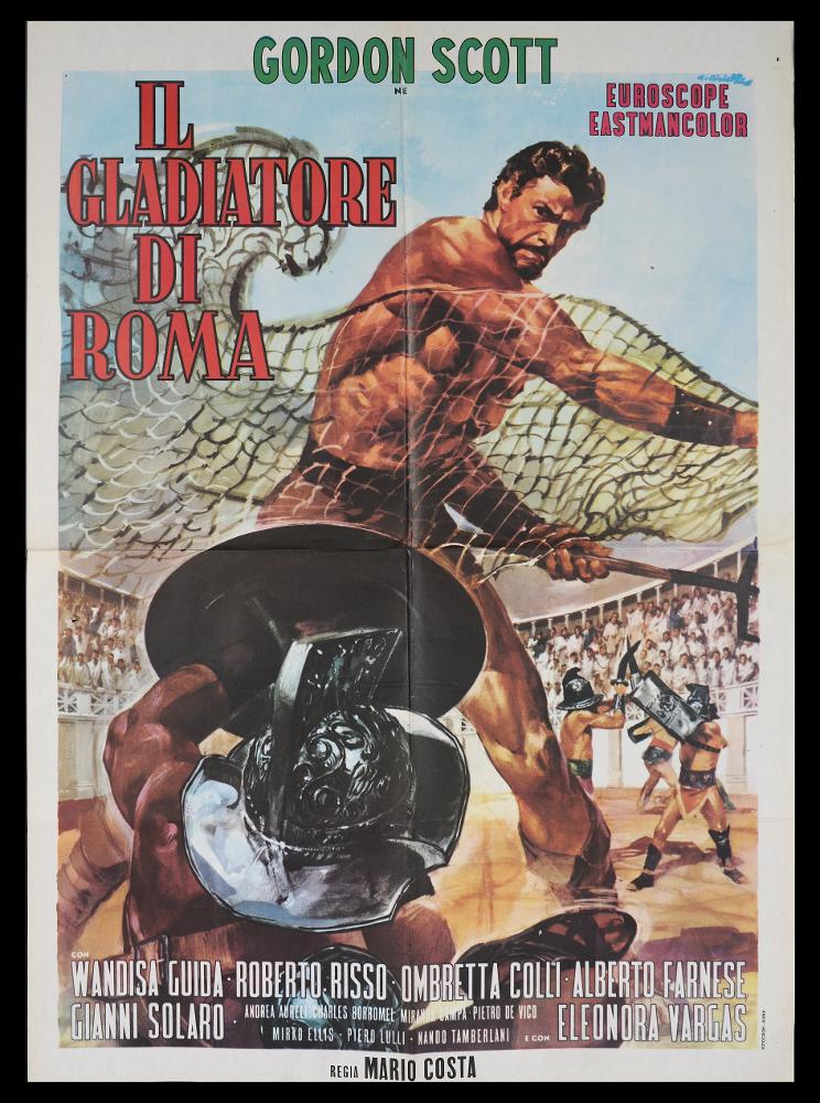 L'immagine riproduce uno dei manifesti conservati presso la Mediateca Regionale Pugliese (vedi Note). Ciriello firma il dipinto per il manifesto del film storico italiano "Il gladiatore di Roma". Pittore dal linguaggio elaborato e dallo stile pittorico colto e maturo, sia nel ritratto che nelle scene narrative, Ciriello seppe caratterizzare le sue opere con l'uso di sfumature volumetriche, tocchi di colore morbidi "emotivi", che denotano una comunicazione visiva chiara e coinvolgente. Si ricorda come tra i più importanti disegnatori per manifesti del cinema italiano. Iniziò a lavorare come pubblicitario presso l’agenzia 'Non plus ultra' a Milano e poi presso la 'Ima', la più grande agenzia di pubblicità in Italia. Il suo talento come disegnatore di arte figurativa lo po...