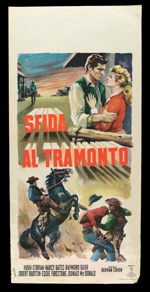 Locandina non presenta firma e presenta una composizione divisa in tre momenti che mostrano la tematica western mettendo a contrasto la storia romantica tra i protagonisti e le scene di lotta. Presenta l'indicazione della regia ad Herman Cohen, invece questi è il produttore della pellicola, invece il suo regista è Gerd Osvald. La locandina originale è conservata nell’Archivio della Mediateca Regionale Pugliese....