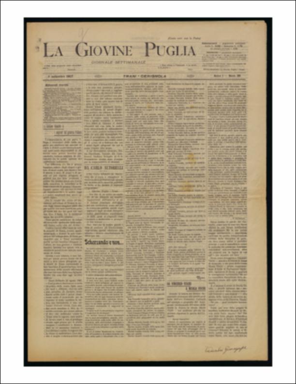 Il documento è parte della collezione del fondo libri digitalizzati della Biblioteca provinciale La Magna Capitana di Foggia, comprendente alcune monografie di diversi secoli e periodici del Novecento. Nello specifico si tratta del num. 36 dell'anno I de “La Giovine Puglia. Giornale socialista settimanale” del 1 settembre 1907. Il giornale apre con una forte condanna verso quelle istituzioni gestite dalle suore che sfrutterebbero giovani ragazze "strappate ai genitori" con false promesse e considerate schiave al pari dei bambini zingari costretti a lavorare. Da sempre la Giovine Puglia ha evidenziato il suo animo anticlericale e anche da questo articolo si evince una denuncia generale nei confronti della chiesa e verso la giustizia che, cieco, non prende provvedimenti. ...
