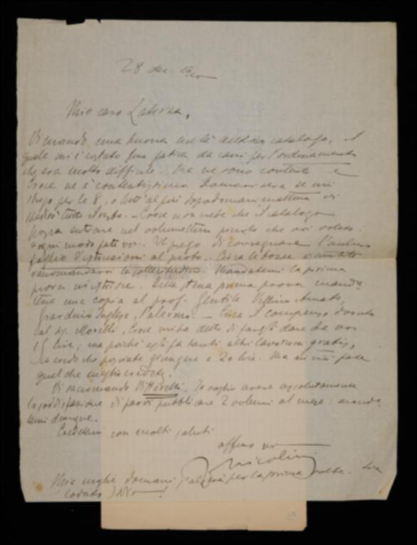 Inviando una metà dell'indice de “La Critica” e sperando di far seguire a breve il resto, Fausto Nicolini invita Giovanni Laterza a fargliene avere quanto prima le prime bozze, copia delle quali si dovrà spedire anche a Giovanni Gentile; viene riportata anche la proposta di compenso formulata da Benedetto Croce per il collaboratore V. Morelli. Il Nicolini raccomanda altresì all'editore di sbrigare le bozze del volume di Jacopo Vittorelli. Si accenna ad un allegato, che non è presente, con le istruzioni per la stampa del catalogo destinate al proto.