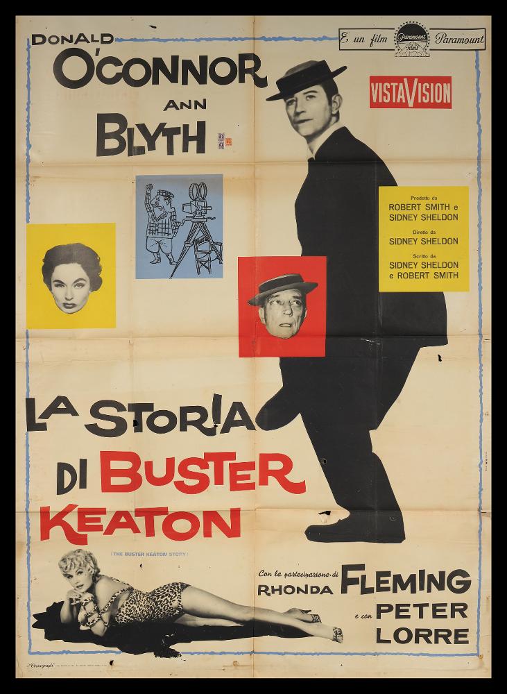 L'immagine riproduce uno dei manifesti conservati presso la Mediateca Regionale Pugliese (vedi Note). Si tratta di una delle versioni grafiche del manifesto del film americano "La storia di Buster Keaton". L'opera grafica, senza firma, mostra uno stile molto illustrativo e divertente, un collage di immagini tratte dalle scene del film, ritagliate e posizionate nello spazio a creare un linguaggio snello e attrattivo originale, alternate a riquadri dai colori pop....