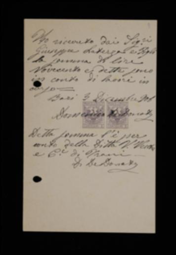 Nella lettera, Domenico De Donatis a nome della Tipografia Vecchi rilascia a Laterza formale quietanza per un pagamento in conto di lavori in corso.