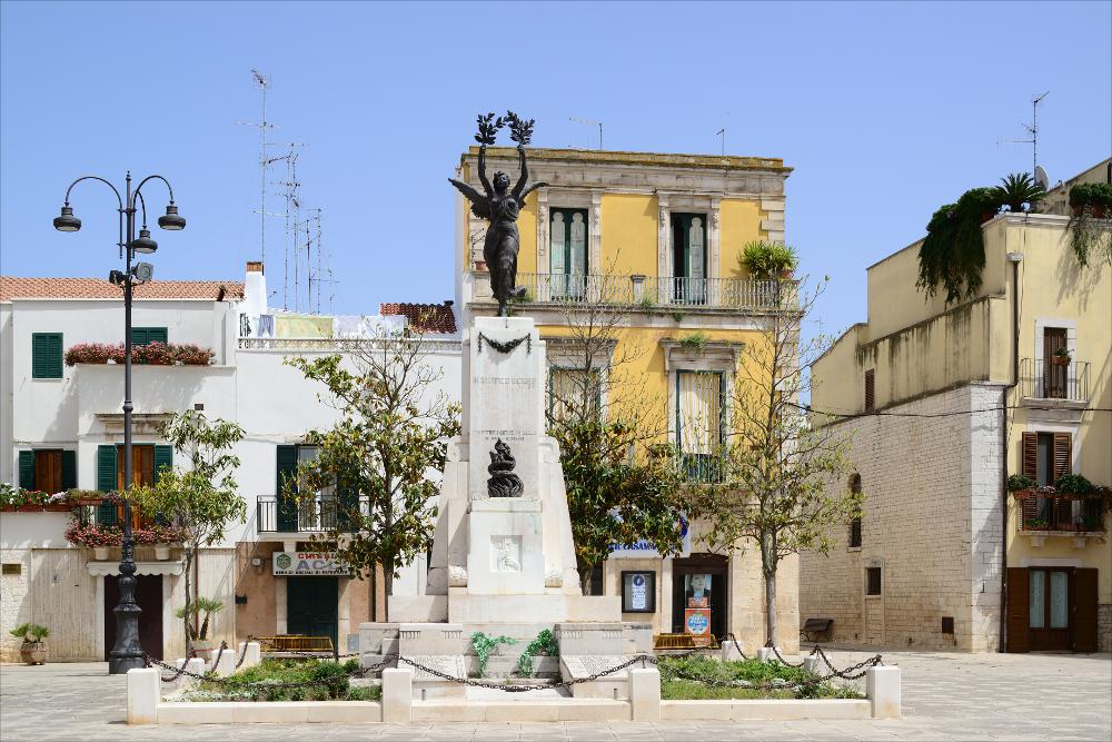 L'immagine riprende una veduta d'insieme del Monumento ai Caduti di Casamassima, posizionato al centro di Piazza Aldo Moro. Realizzato a cippo dallo scultore Vitantonio De Bellis e inaugurato nel gennaio del 1923, fu rifatto negli anni '50 dopo aver eliminato il gruppo bronzeo, che originariamente era composto dalla statua della Vittoria e di quella del soldato morto, sostituito con la bella Vittoria alata in bronzo, armoniosa ed elegante nei suoi abiti all'antica, nell'atto di sorreggere una ghirlanda d'alloro, in onore dei valorosi combattenti in guerra; in seguito fu aggiunta anche la fiamma, sempre in bronzo, che accompagna i nomi incisi dei caduti.