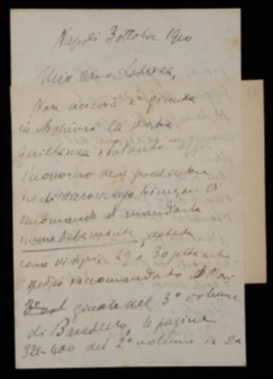 Nella lettera, dopo aver sollecitato Giovanni Laterza a spedire all'Archivio di Stato di Napoli una quietanza altra volta richiesta, Fausto Nicolini lo prega di accusargli ricezione del plico contenente l'originale del terzo volume e una parte delle bozze del secondo volume di Matteo Bandello nonché le prime pagine del volume di Carlo Gozzi licenziate; gli comunica poi di aver spedito a Benedetto Croce il catalogo degli Scrittori d'Italia, avendovi apportato molti ritocchi, e di aver ricevuto i fogli tirati dei volumi di Bandello, Luigi Blanch e Traiano Boccalini. Infine il Nicolini manifesta soddisfazione per la recessione dell'epidemia di colera a Napoli.