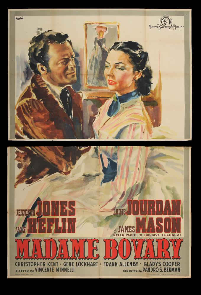 L'immagine riproduce uno dei manifesti conservati presso la Mediateca Regionale Pugliese (vedi Note). Si tratta della versione grafica del manifesto del film "Madame Bovary", la cui illustrazione è a firma di Ercole Brini. Artista dalle composizioni pittoriche delicate, Brini prediligeva l'uso degli acquerelli, tecnica che gli permetteva di creare racconti in cui le figure si fondono al paesaggio, figure diverse si fondono una nell'altra, in atmosfere impalpabili e ricche di fascino e poesia. Anche per questo film, Brini realizza un insieme in cui le splendide figure dipinte con pochi elementi e pennellate vibranti rendono la malinconia, ma anche l'intimità, che pervade tutto il film drammatico tratto dal romanzo di Gustave Flaubert. «Le composizioni di Brini si caratte...