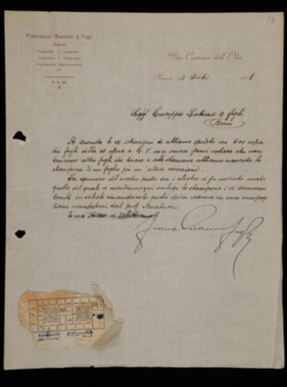 Nella lettera, Francesco Giannini comunica a Laterza di aver spedito le cinquecento copie del volume "Hellás" di Amatucci  da loro stampate e di non avere altro materiale. Inoltre informa l'editore di aver ricevuto da Amatucci uno stampone da correggere e sollecita il reinvio di un cliché, del quale allega lo stampone in calce alla lettera.