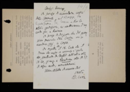 Dopo aver richiesto alcune copie del nuovo fascicolo de “La Critica” e l'invio a Giuseppe A. Borgese del volume di Silvio Spaventa, Benedetto Croce ribadisce a Giovanni Laterza che lo attenderà in Abruzzo per la data già fissata, indicandogli con quale treno giungere a destinazione.