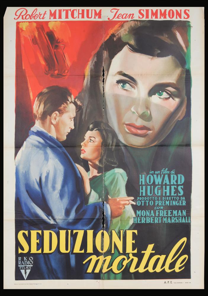 L'immagine riproduce uno dei manifesti conservati presso la Mediateca Regionale Pugliese (vedi Note). Si tratta di uno dei manifesti del film in bianco e nero “Seduzione mortale” del 1952 per la regia di Otto Preminger. La firma che si legge in alto a destra è dell’illustratore bolognese Giorgio Olivetti. Classe 1908, Olivetti caratterizza le sue prime opere con uno stile morbido, sfumato, fatto di acquerelli delicati che rendono il volume grazie ad un uso sapiente dei chiaroscuri. In questa composizione i toni utilizzati sono più cupi e drammatici, più idonei ad una narrazione della trama colma di intrighi e misteri. Inoltre Olivetti bene rappresenta i concetti evocati dal titolo, la “seduzione” della bellissima Jean Simmons, ritratta in tutta la sua intensità, bellezz...