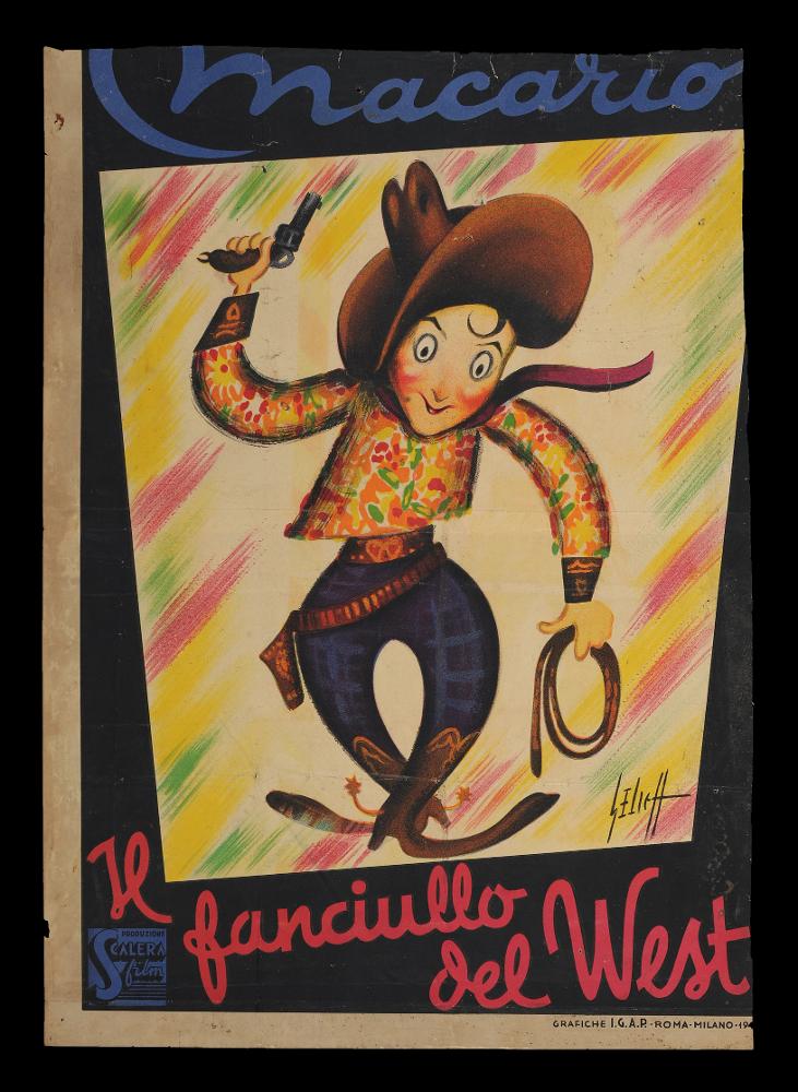 L'immagine riproduce uno dei manifesti conservati presso la Mediateca Regionale Pugliese (vedi Note). Si tratta della fotobusta verticale di "Il fanciullo del West", film comico italiano del 1943, uno dei tanti con protagonista il popolare attore comico italiano di teatro, cinema e televisione Erminio Macario. La composizione può rientrare nel cosiddetto "primo stile" della pittura da cinema, che si sviluppa a partire dagli anni Trenta. Il linguaggio è illustrativo, più vicino al fumetto, ricchissimo di cromatismi vivaci e dettagli vivaci (la camicia di Macario) in cui la figura di Macario reso appunto come un personaggio immaginario è l'unico protagonista. Il manifesto riporta sulla destra una firma, non ben identificata....