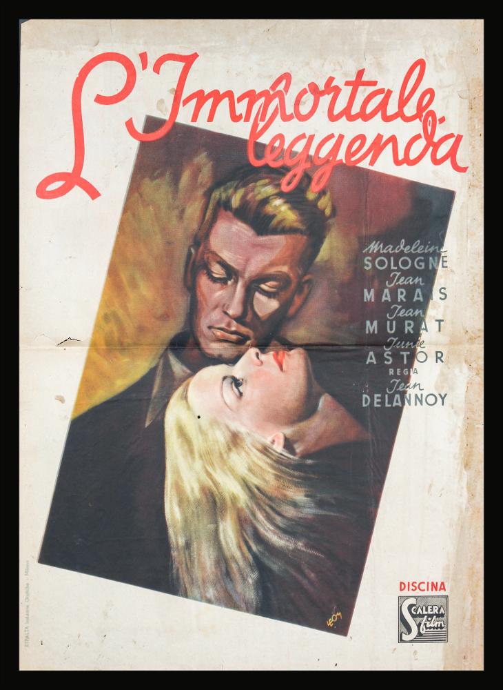 
“L'immortale leggenda” (L'éternel retour) è un film francese del 1943 diretto da Jean Delannoy, su sceneggiatura scritta da Jean Cocteau. Nel cast Jean Marais e Madeleine Sologne.

Si tratta di una rivisitazione di Tristano e Isotta, ambientata nella Francia del 1940.
Il manifesto cinematografico è a firma di Leom, illustratore e pittore di cinema. L’immagine dipinta da Leom ritrae i due protagonisti a pennellate decise creando un effetto chiaroscurale intenso che dona drammaticità alla scena. L’immagine è inserita in obliquo in una cornice a fondo bianco su cui spicca in alto il titolo del film, riportato in rosso in un elegante corsivo.
Il manifesto originale è conservato nell’Archivio della Mediateca Regionale Pugliese....