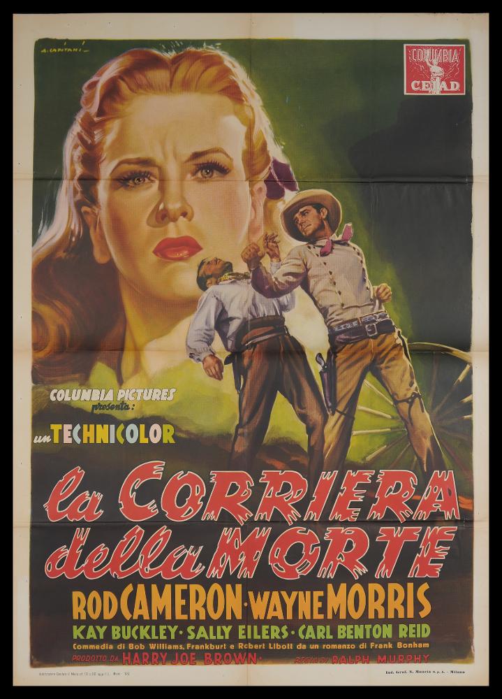 L'immagine riproduce uno dei manifesti conservati presso la Mediateca Regionale Pugliese (vedi Note). Si tratta di una delle versioni grafiche del manifesto del film "La corriera della morte", la cui illustrazione è a firma di Alfredo Capitani. Pittore di cinema del primo periodo, Capitani fondò uno studio nel 1919 per la realizzazione di manifesti pubblicitari e poi con Luigi Martinati una società per il lancio di pellicole cinematografiche. Il suo stile richiama quello di Ballester, con un uso di colori luminosi e sfumati con effetti di mirabile enfasi pittorica. Le sue rappresentazioni sono sempre originali, grazie all'uso di colori pieni arricchiti dalle loro variazioni tonali cangianti: si noti qui ad esempio, i chiaroscuri tonali e il gioco di luci e ombre dello s...