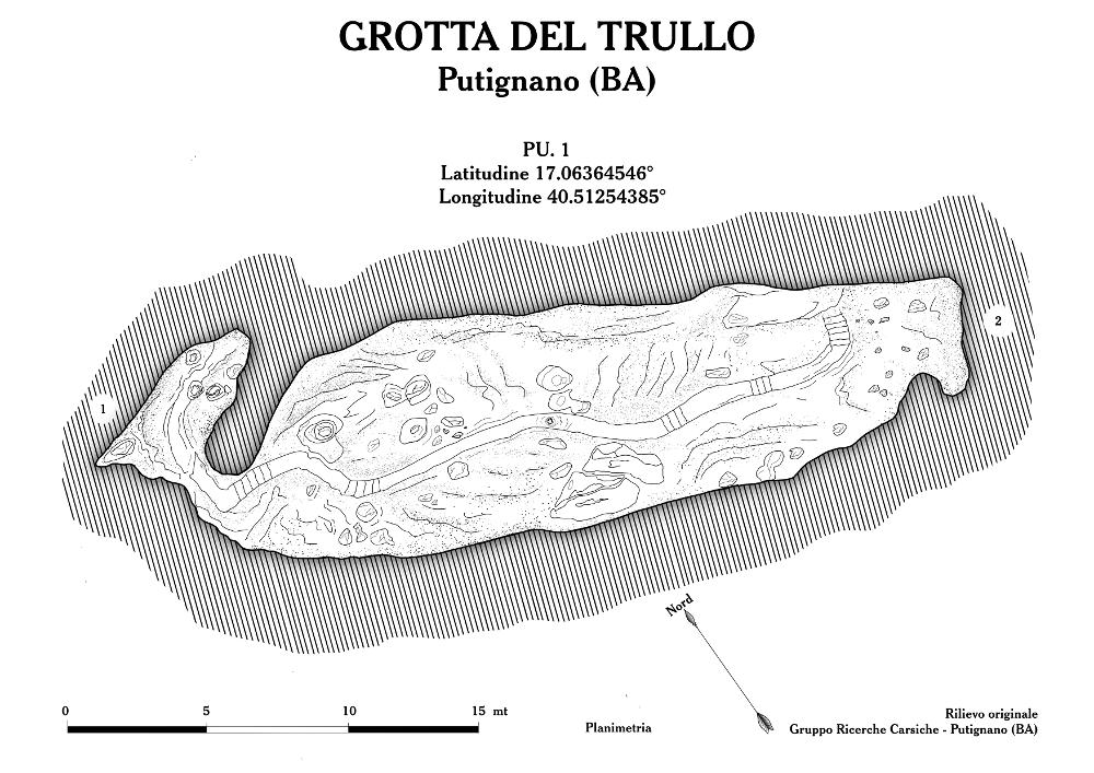 Questo rilievo topografico è la trasposizione in digitale di rilevamenti realizzati a seguito di importanti studi speleologici nelle grotte di Puglia. Sono materiale utile per lo studio e la ricerca, per comprendere al meglio la complessità delle articolazioni sotterranee di queste cavità naturali, con il fine della tutela e della salvaguardia del fenomeno carsico. 
Il documento fa parte della raccolta di rilievi topografici digitalizzati da Carlos Solito per il Progetto digitale “Sillabario sotterraneo – Viaggio dantesco nelle Grotte di Puglia” – realizzato nell'ambito della LEGGE REGIONALE 30 dicembre 2020 - art. 39 “Cavità pugliesi e opera dantesca - Celebrazioni 700 anni dalla morte di Dante Alighieri”.