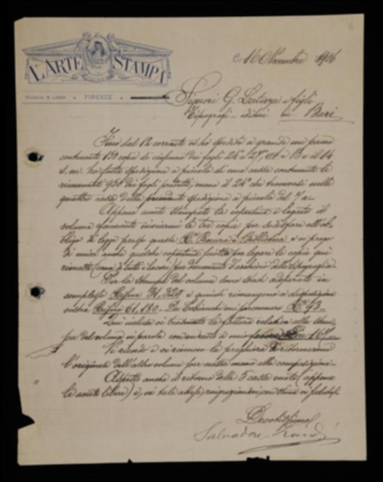 Nella lettera Salvatore Landi comunica all'editore Laterza di avergli spedito alcuni fogli stampati insieme ad altro materiale. Lo sollecita inoltre ad inviargli tre copie di un volume per assolvere agli obblighi di legge e il manoscritto di un altro volume da stampare.