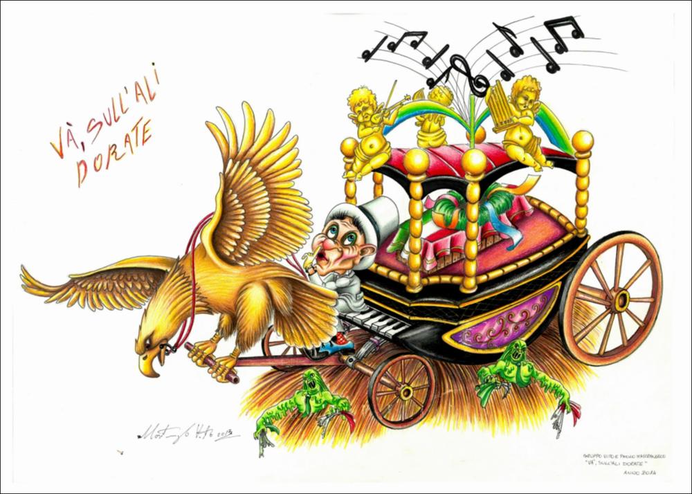 Con l’edizione 2014 il Carnevale di Putignano rende omaggio al compositore emiliano Giuseppe Verdi in occasione del bicentenario della sua nascita.
Il carro allegorico di Vito e Paolo Mastrangelo intende omaggiare la figura del Maestro traducendo in cartapesta alcuni episodi salienti della sua vita: dai forti valori risorgimentali alla vicenda del suo funerale.
Il compositore fu molto impegnato politicamente durante le lotte per l’unificazione dell’Italia, schierandosi al fianco di Cavour, prima come deputato del Parlamento Italiano (1861) e poi come Senatore (1874).
Il Nabucco è l’opera che meglio esprime l’amore patriottico e il dolore per il popolo oppresso. E “L’ali dorate” sono rappresentate da una grande aquila dorata che spicca il volo e porta il carro funebre de...