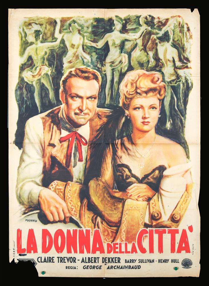 L'immagine riproduce uno dei manifesti conservati presso la Mediateca Regionale Pugliese (vedi Note). Si tratta del manifesto del film "La donna della città", la cui composizione pittorica è a firma di Manno (Dante Manno). Formatosi all'Accademia di Belle Arti, dove fu allievo di Duilio Cambellotti, è stato un grande pittore di cinema. Questo influenzerà la sua carriera, dedicandosi totalmente a quest'arte, sua grande passione fino alla crisi degli anni '70. L'uso degli acquerelli e della tempera, di colori compatti e pastosi rendono le sue figure ben definite e morbide, unendo un certo stile classico e accademico ad una grafica moderna. Manno, come molti altri pittori dell'epoca dediti alla pittura per manifesti, si fece interprete del filone Neorealista dei film anni ...