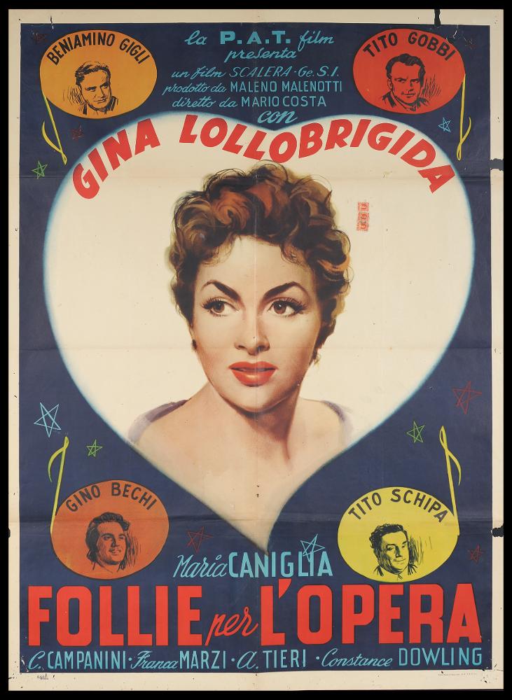 L'immagine riproduce uno dei manifesti conservati presso la Mediateca Regionale Pugliese (vedi Note). Si tratta di una delle versioni grafiche del manifesto del film "Follie per l'Opera", film italiano del 1947. Con una composizione vivace, colorata e armoniosa, il manifesto si incentra tutto sull'attrice Gina Lollobrigida, ritratta fedelmente in una posa raffinata, che esalta la sua bellezza da diva italiana. Intorno, piccoli ritratti dei cantanti Beniamino Gigli, Tito Gobbi, Gino Bechi e Tito Schipa, che richiamano il genere musicale del film....