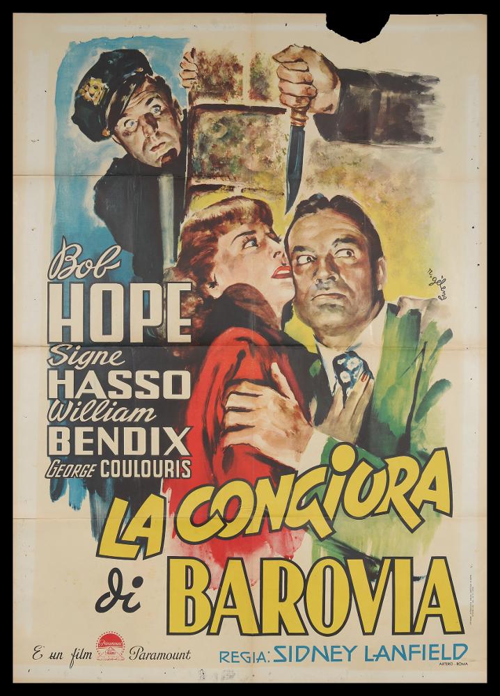 L'immagine riproduce uno dei manifesti conservati presso la Mediateca Regionale Pugliese (vedi Note). Si tratta di una delle versioni grafiche per il manifesto de "La congiura di Barovia", film comico americano degli anni ’40, a firma di Rinaldo Gèleng, di cui si conserva anche l'altro manifesto. Artista poliedrico ed eclettico, dopo gli studi d'arte, visse e lavorò per molti anni a Parigi, poi a Milano dove realizzò una serie di copertine per Mondadori e infine a Roma, dove realizzò alcuni manifesti per i film di Fellini. Il suo stile fresco e pittorico è fatto di pennellate liquide e sfumate, con spunti grafici originali, composizioni personali, in cui rivela la sua dote di ritrattista. Gèleng organizza la composizione dividendo graficamente lo spazio come in tre part...