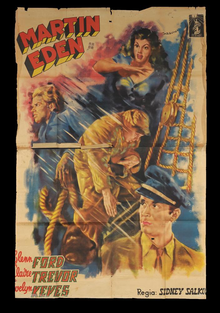 L'immagine riproduce uno dei manifesti conservati presso la Mediateca Regionale Pugliese (vedi Note). Si tratta di una delle versioni grafiche del manifesto del film del 1942 "Martin Eden", a firma di Tarquini (Tarquini Paolo). "Pittore non Pittore" come lui stesso si definì, fu un artista che condivise la sua arte con il padre Sabatino ed i fratelli Luigi e Glauco. Per il suo stile inconfondibile e identitario, Tarquini predilisse l'utilizzo di una pittura sfumata e policroma, a macchie di colore, tipica degli anni Trenta, dando risalto maggiormente ai colori pastello. La composizione grafica studiata per il film mostra alcuni momenti significativi del film, raccolti in un'atmosfera piuttosto onirica, come in tutti i lavori di Taquini. Alcuni elementi (alcune parti del...