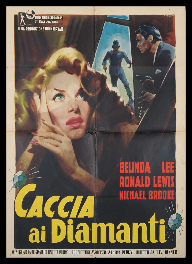 L'immagine riproduce uno dei manifesti conservati presso la Mediateca Regionale Pugliese (vedi Note). Si tratta di una delle versioni grafiche del manifesto del film "Caccia ai diamanti", di cui si conserva anche la versione di Cesselon. La bella composizione è ad opera di Giorgio Olivetti. Classe 1908, Olivetti caratterizza le sue prime opere con uno stile morbido, sfumato, fatto di acquerelli delicati che rendono il volume grazie ad un uso sapiente dei chiaroscuri. Eleganza e leggerezza contraddistinguono anche questo manifesto dai toni più cupi e drammatici, nel quale Olivetti narra per immagini un intrigo poliziesco e psicologico, esaltando con colori più brillanti la bellissima figura femminile in primo piano, negli anni in cui la donna era interpretata spesso e vo...
