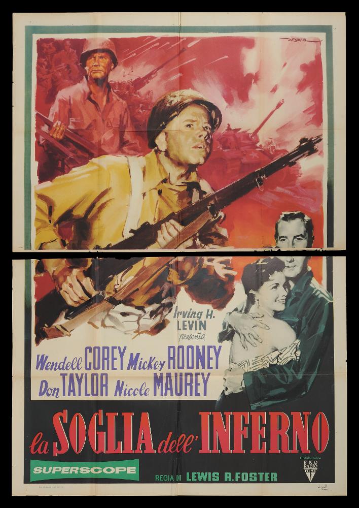 L'immagine riproduce uno dei manifesti conservati presso la Mediateca Regionale Pugliese (vedi Note). Si tratta del manifesto del film "La soglia dell'inferno", a firma di Deseta (Enrico De Seta), disegnatore e pittore italiano, noto come fumettista per giornali satirico-umoristici e periodici per ragazzi e soprattutto per la sua produzione di illustrazioni cinematografiche. La sua vena umoristica seppe caratterizzare molte sue opere, ma Deseta realizzò anche opere drammatiche. Pennellate fluide e larghe, quasi espressioniste, pochi colori netti e le poche figure protagoniste fanno anche di questo manifesto un capolavoro degli anni '50, in cui Deseta stempera il terrore della guerra sul fondo con la bella immagine di un abbraccio felice in primo piano, sulla destra, toc...