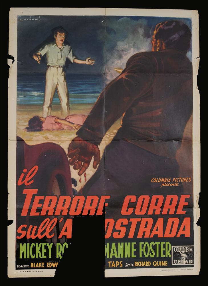 L'immagine riproduce uno dei manifesti conservati presso la Mediateca Regionale Pugliese (vedi Note). Si tratta di una delle versioni grafiche per il manifesto del film in bianco e nero "Il terrore corre sull’autostrada" del 1954 per la regia di Richard Quine, a firma dell’illustratore Alfredo Capitani. Pittore di cinema del primo periodo, Capitani fondò uno studio nel 1919 per la realizzazione di manifesti pubblicitari e poi con Luigi Martinati una società per il lancio di pellicole cinematografiche. Di questa composizione colpisce l’ambientazione cupa e la mancanza di proporzioni fra i personaggi rappresentati. Da notare che il manifesto presenta un grande taglio nella parte inferiore, venendo meno una parte del titolo e una parte dei nomi degli attori....