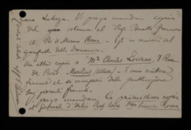 Nella cartolina, Pietro Chimienti chiede all'editore di mandare alcune copie del volume a Francesco Pometti del "Fanfulla della Domenica", Charles Loiseau per alcuni giornali francesi ed Augusto Torre de "Il Giornale d'Italia" di modo da ottenere delle recensioni.
