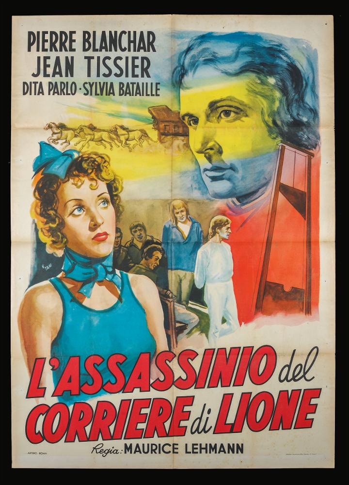 “L’assassinio del corriere di Lione” (titolo originale “L'affaire du courrier de Lyon”) è un film drammatico francese del 1937 diretto da Maurice Lehmann e sceneggiato da Jean Aurenche, Claude Autant-Lara e Louis Mathurin Moreau. Nel cast ricordiamo Pierre Blanchar, Jean Tissier, Dita Parlo e Sylvia Bataille.
 Il manifesto cinematografico è firmato V. Tani, autore non identificato. La composizione denota un gusto stilistico molto pittorico, spiccano le doti da ritrattista dell’autore nella riproduzione dei volti dei protagonisti. La forte carica espressiva si coglie anche nella scelta cromatica molto decisa.
Il manifesto originale è conservato nell’Archivio della Mediateca Regionale Pugliese....