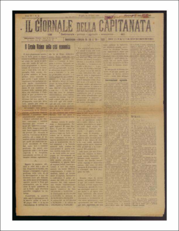 Il documento è parte della collezione del fondo libri digitalizzati della Biblioteca provinciale La Magna Capitana di Foggia, comprendente alcune monografie di diversi secoli e periodici del Novecento. Si tratta de "Il Giornale della Capitanata" del 16 ottobre 1921. La prima pagina si apre con "Il Circolo Vizioso nella crisi economica", un'analisi non solo sulle crisi economiche e i comportamenti che ne derivano, ma anche sulla mancanza di un'opinione pubblica o di studiosi che possano approfondirne le cause vere e reali. Segue il trafiletto sulle sovvenzioni agrarie, a seguito delle dichiarazioni esplicite espresse dall'onorevole Valentini, nell'intervista pubblicata nel numero precedente del giornale (9 ottobre 1921). La seconda pagina è arricchita dalla rubrica "Spun...