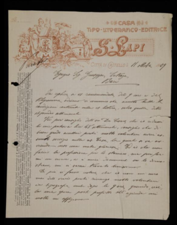 Nella lettera Angelo Marinelli accetta tutte le condizioni contrattuali offerte da Laterza tranne l'ammontare dello stipendio. Il Marinelli allega alla missiva copia di lettera con la proposta di contratto di Laterza e copia del telegramma che la precedeva, nonché una lettera da Raffaele De Cesare che invita l'editore ad accettare il trattamento economico richiesto dal Marinelli.
