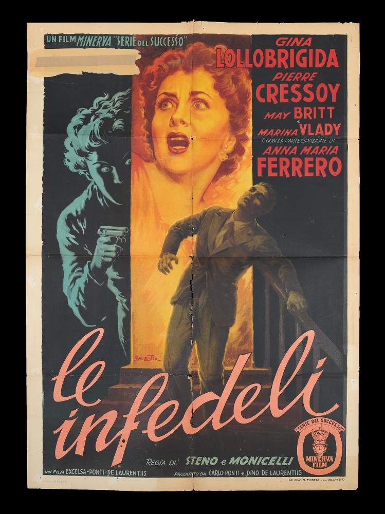 L'immagine riproduce uno dei manifesti conservati presso la Mediateca Regionale Pugliese (vedi Note). Si tratta di una delle versioni del manifesto del film "Le infedeli", a firma di Anselmo Ballester (Ballester). Classe 1897, spagnolo di origine, è considerato uno dei capostipiti della pittura di cinema, formatosi presso lo studio pubblicitario dedicato al cinema fondato dal padre Federico insieme a Martinati e Capitani, il primo assoluto in Italia. Le opere più famose di Ballester sono composte di atmosfere nebbiose ed effetti drammatici, colori cupi e tonali. Qui le figure tragiche dei protagonisti sviluppate su più piani dominano lo spazio intero del manifesto. Bellissimo e angosciante è il ritratto di Gina Lollobrigida, tutto giocato sulle tonalità calde di un unic...