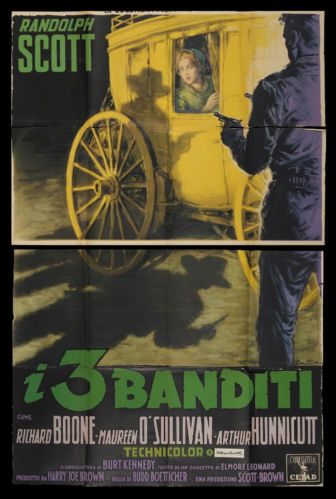 L'immagine riproduce uno dei manifesti conservati presso la Mediateca Regionale Pugliese (vedi Note). Si tratta di una delle versioni del manifesto del film "I 3 banditi" per la regia di Budd Boetticher, a firma di Anselmo Ballester (Ballester). Classe 1897, spagnolo di origine, è considerato uno dei capostipiti della pittura di cinema, formatosi presso lo studio pubblicitario dedicato al cinema fondato dal padre Federico insieme a Martinati e Capitani, il primo assoluto in Italia. Le opere più famose di Ballester sono composte di atmosfere nebbiose ed effetti drammatici, colori cupi e tonali, caratteristiche che ritroviamo anche in questa opera. Ambientata all'aperto, Ballester rappresenta i tre banditi richiamati dal titolo, uno chiaramente visibile di spalle, mentre ...