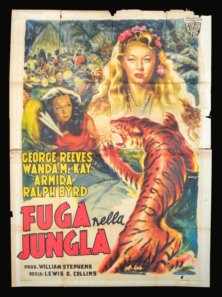 L'immagine riproduce uno dei manifesti conservati presso la Mediateca Regionale Pugliese (vedi Note). Si tratta di una delle versioni grafiche del manifesto del film “Fuga nella giungla”, a firma di De Amicis (Aldo De Amicis). Illustratore romano, ha iniziato la sua carriera come vignettista del periodico a fumetti “Il Vittorioso”, opportunità che gli permise una maturazione stilistica tale da renderlo più sicuro e pronto per il mondo della cartellonistica. La composizione colpisce per la pittura morbida e la varietà delle tonalità di colori caldi utilizzati, che ben rendono l'atmosfera vivace e selvaggia della giungla africana, tra indigeni e animali selvaggi, in cui il film è ambientato. De Amicis usa sapientemente la luce per dare corpo e intensità ai volti femminili...