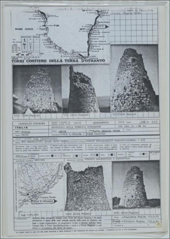La scheda in oggetto è parte del volume “Censimento delle opere fortificate in Puglia”, risultato dell'attività promossa dalla Regione Puglia tra il 1981 e il 1982, per individuare e descrivere le principali costruzioni in muratura presenti nel territorio. Composta da due fogli sciolti, è redatta da Francesca Faglia il 15 settembre 1981. Torre Santa Cesarea o Monte Saracino è situata a Santa Cesarea Terme in provincia di Lecce in zona costiera. La costruzione fortificata è attribuibile al XVI secolo e rappresenta un esempio tipico delle torri della serie di Otranto seppure si presenti come rudere colpito da crolli sostanziali.  La costruzione fortificata a sviluppo troncoconico ha il prospetto con muratura faccia a vista con un’unica apertura e parte del coronamento sup...