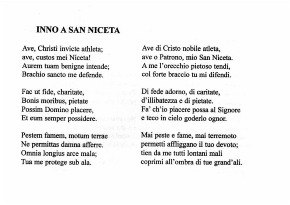 Questo testo digitalizzato offre la lettura dell’inno a San Niceta recitato in occasione della Festa Patronale celebrata in onore del Santo Niceta.
La Festa di San Niceta Goto Martire, istituita nel 1740, si celebra nei giorni 15 e 16 Settembre a Melendugno in provincia di Lecce. Il rito religioso parte nove giorni prima della Festa, con delle celebrazioni eucaristiche presso la chiesa Madre e in forma esclusiva viene celebrata la santa messa in rito bizantino presso l’Abbazia di San Niceta situata in Melendugno sin dal 1167, riconosciuta appunto come uno dei più importanti riferimenti storici del territorio. Il giorno della vigilia della Festa, come da tradizione pluricentenaria, al termine della Santa Messa, i fedeli accompagnati da un concerto bandistico, trasportano...