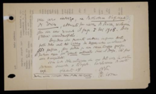 Nella cartolina, Benedetto Croce sollecita Giovanni Laterza a spedire un fascicolo de "La Critica" alla Biblioteca Nazionale di Torino. Gli chiede poi di informarlo sulle dimensioni previste per il suo volume di estetica e si dice lieto per il prossimo viaggio dell'editore a Napoli. Infine lo invita a restituirgli l'esemplare della prima edizione del suo volume di estetica.