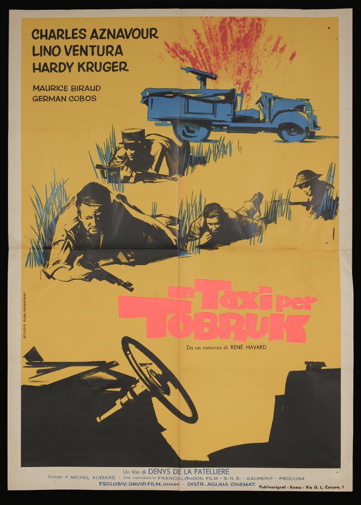 L'immagine riproduce uno dei manifesti conservati presso la Mediateca Regionale Pugliese (vedi Note). Si tratta di uno dei manifesti del film in bianco e nero “Un taxi per Tobruk” del 1961 per la regia di Denys de La Patellière a firma dallo studio grafico Publiserigraf. La composizione grafica è molto essenziale, pochissimi elementi disposti su uno sfondo giallo che si intuisce essere un campo all’aperto. Quattro i soldati protagonisti immortalati durante un sabotaggio e il sequestro del mezzo tedesco in primo piano. Sullo sfondo l’auto prende fuoco ed il rosso dà subito l’idea di un attacco. Particolare la scelta di adoperare solo il nero per la rappresentazione dei soggetti narrati. Colpisce la scelta di scrivere il titolo in un colore “brioso” e molto femminile, qua...