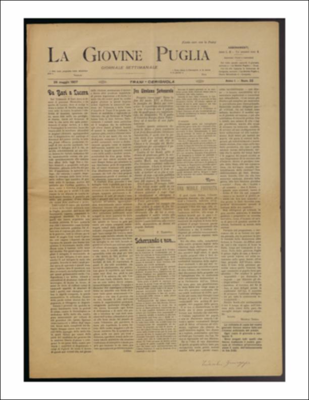 Il documento è parte della collezione del fondo libri digitalizzati della Biblioteca provinciale La Magna Capitana di Foggia, comprendente alcune monografie di diversi secoli e periodici del Novecento. Nello specifico si tratta del num. 22 dell'anno I de “La Giovine Puglia. Giornale socialista settimanale” del 26 maggio 1907. Il periodico apre con una nota sul processo Musacchio, discusso al Tribunale di Bari e della causa a carico di Strafile discusso a Lucera, un pretesto per puntualizzare su una borghesia che a suo avviso è vile, avida di potere e ignorante e tirando fuori una serie di conclusioni su alcune dinamiche sociali e giuridiche. Il dibattito continua in seconda pagina sul processo Strafile, considerato un fatto di alto interesse sociale in quanto, secondo c...