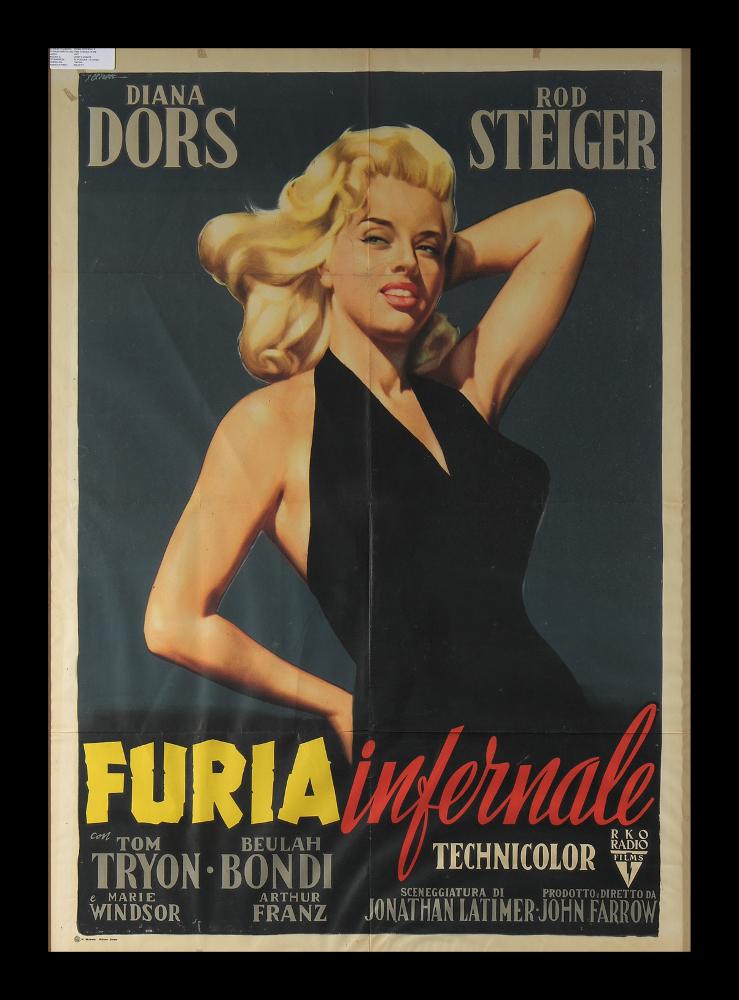 “Furia infernale” è un film del 1957 diretto da John Farrow, su sceneggiatura di Jonathan Latimer e William Durkee. È un film poliziesco drammatico sulla pena di morte interpretato da Diana Dors, Rod Steiger, Tom Tryon e Beulah Bondi.
Il manifesto cinematografico è firmato dal celebre pittore di cinema Giorgio Olivetti, artista bolognese classe 1908. Il suo stile si caratterizza per le pennellate fluide, le campiture a colori vivaci, i contrasti chiaroscurali che conferiscono volumetria e plasticità alle figure. In primo piano qui la figura di Diana Dors che si staglia su uno sfondo scuro in tutta la sua bellezza. 
Il manifesto originale è conservato nell’Archivio della Mediateca Regionale Pugliese....
