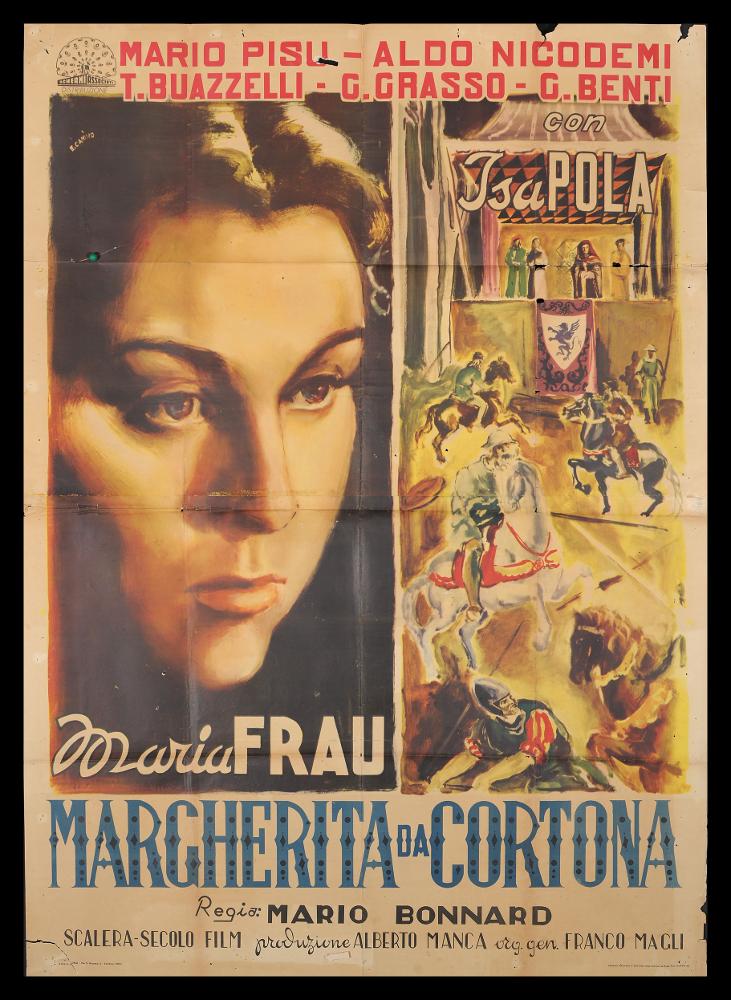 L'immagine riproduce una delle opere grafiche conservate presso la Mediateca Regionale Pugliese (vedi Note). Si tratta nello specifico di una delle fotobuste verticali del film italiano “Margherita da Cortona” del 1950 per la regia di Mario Bonnard. La raffinata composizione è a firma di E. Canino, artista di cui non si hanno notizie accreditate. Lo spazio del manifesto è diviso proporzionalmente in 3 parti: a sinistra il bel primo piano di Maria Frau, dai toni caldi e melanconici; a destra una scena corale, con abiti storici e cavalli, che richiama l'ambientazione storica. Chiude in basso il titolo, con un lettering dall'aspetto medievale....