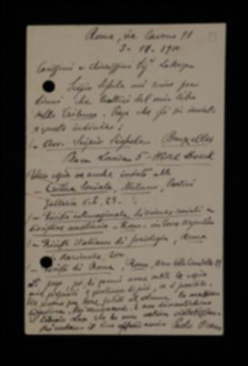 Nella cartolina, Paolo Orano trasmette all'editore ulteriori indirizzi di destinatari cui inviare copie del volume e ne chiede altre per sé.