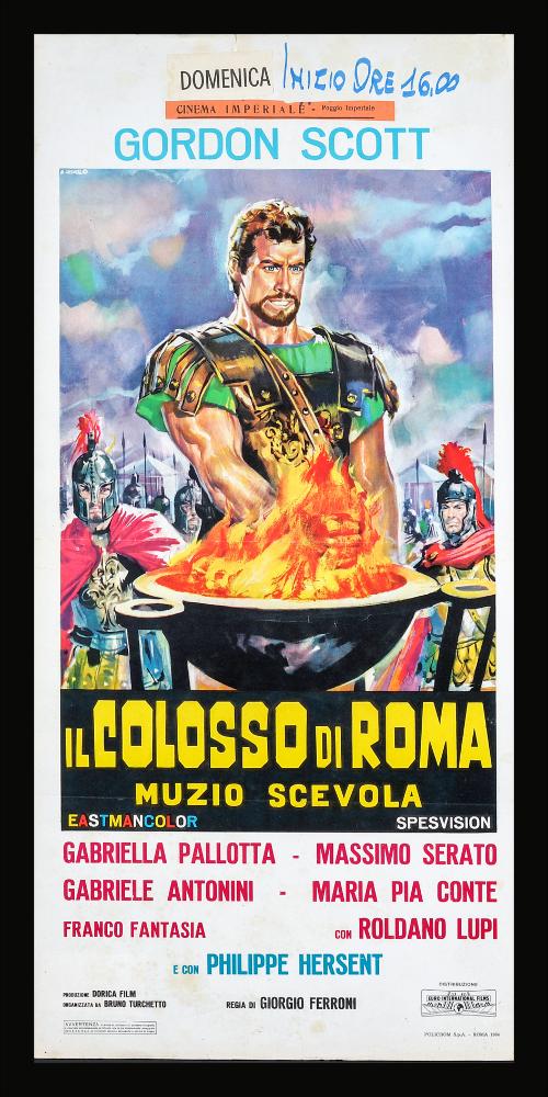 “Il colosso di Roma” è un film del 1964 diretto da Giorgio Ferroni. La sceneggiatura è scritta da Alberta Montanti, Antonio Visone e Remigio Del Grosso.
La pellicola, ambientata nella Roma del 508 a.C., racconta l'espulsione dell'ultimo re di Roma e la leggenda di Caio Muzio Scevola.
Tra gli interpreti principali ricordiamo Gordon Scott, Gabriella Pallotta, Massimo Serato, Gabriele Antonini, Maria Pia Conte.
La locandina cinematografica è opera del celebre pittore di cinema Renato Casaro, uno tra i maggiori rappresentanti della grafica e del manifesto. Nato a Treviso nel 1935 comincia la sua carriera artistica da autodidatta ma in breve arriva a sviluppare un proprio stile di grande eleganza e raffinatezza formale. Tecniche diverse si mescolano nel suo linguaggio innova...