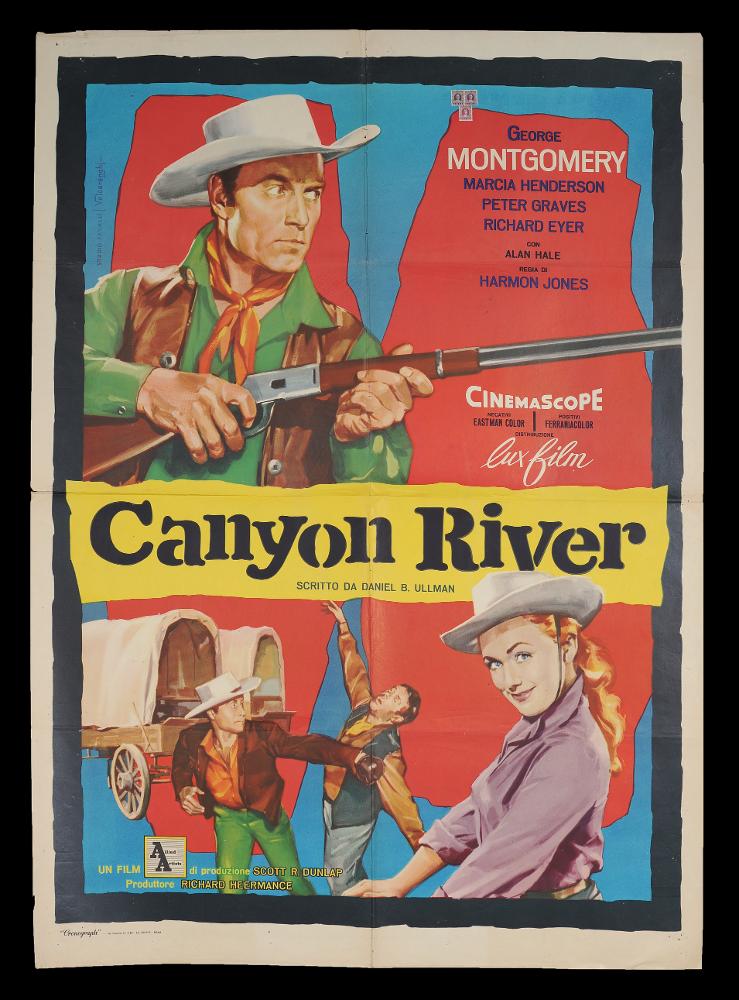 L'immagine riproduce uno dei manifesti conservati presso la Mediateca Regionale Pugliese (vedi Note). Si tratta di una delle versioni del manifesto del film western americano "Canyon River", a firma di Rodolfo Valcarenghi per lo Studio Favalli, come si intuisce dall'elegante firma vicino a quella dello studio. Fu il critico cinematografico Rondi a presentare il giovane Rodolfo ad Augusto Favalli, allora capo ufficio stampa della Lux Film. Augusto Favalli, artista milanese che si dedicò per anni all'attività artistica futurista, aprì nel 1946 a Roma, via Margutta, lo storico studio di grafica pubblicitaria "Studio Favalli", cominciando a produrre grafica per i manifesti cinematografici e dando il via ad un'intensa collaborazione con la casa di produzione Lux Film. August...