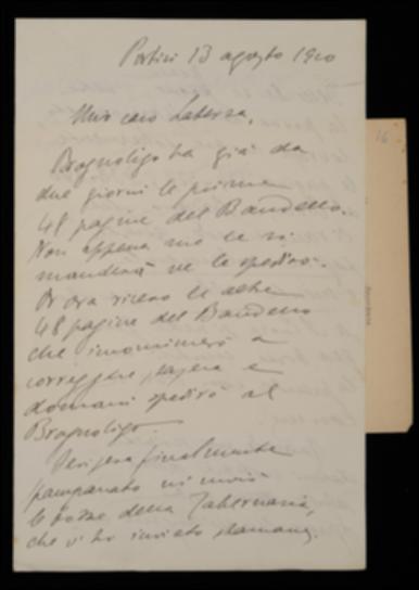 Nella lettera Fausto Nicolini comunica a Giovanni Laterza che consegnerà a Gioacchino Brognoligo le bozze del volume di Matteo Bandello appena ricevute, inviando in tipografia quelle già corrette; comunica inoltre di aver già spedito le bozze del volume di Giambattista Della Porta restituitegli da Vincenzo Spampanato, al quale dovranno inviarsi le terze bozze complete, come di consueto, mentre copia di alcune pagine dovrà spedirsi eccezionalmente anche a Benedetto Croce a Raiano. Il Nicolini poi sollecita notizie sulla salute della moglie dell'editore barese, auspicandone la completa guarigione.
