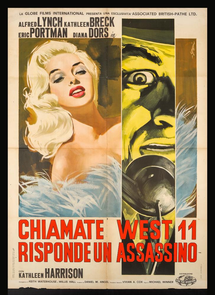 L'immagine riproduce uno dei manifesti conservati presso la Mediateca Regionale Pugliese (vedi Note). Si tratta di una delle versioni grafiche per il manifesto del film “Chiamate West 11: risponde un assassino” del 1963 per la regia di Michael Winner. Sulla destra leggiamo la firma di Sandro Symeoni (Symeoni), noto per essere uno dei pittori di cinema più prolifici, si distinse per una grande pittoricità, un gusto originale basato sulla bellezza formale, soprattutto femminile, e più tardi per composizioni moderne basate su ritmi spezzati e drammatici come possiamo notare in quest'opera. Soggetto principale, il grande mezzobusto della protagonista, dallo sguardo ipnotico e ammiccante, con le spalle completamente scoperte, rendendo sensuale il momento. Ad interrompere il ...