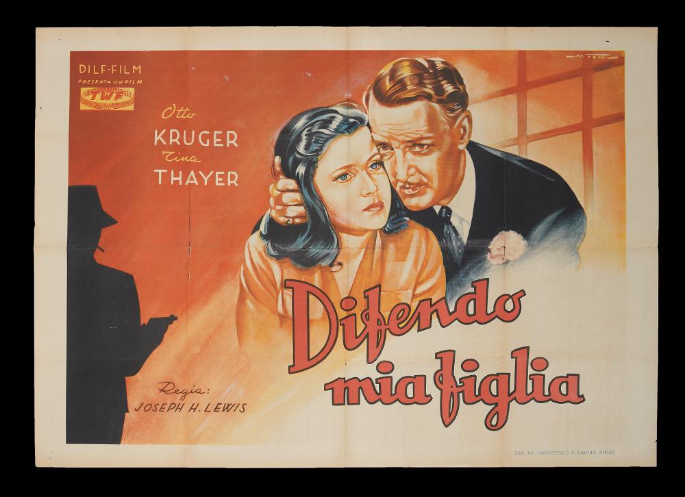 L'immagine riproduce uno dei manifesti conservati presso la Mediateca Regionale Pugliese (vedi Note). Si tratta della versione grafica del manifesto del film “Difendo mia figlia”, la cui illustrazione è a firma di Testi N. Dell'artista non si hanno notizie biografiche, ma il suo stile mostra le caratteristiche tipiche del cosiddetto "primo stile" della pittura di cinema, che si sviluppa a partire degli anni Trenta. Il linguaggio, seppur narrativo, è "oleografico", le tinte sono luminescenti, monocromatiche, per un effetto grafico irreale e molto suggestivo, fatto di pochi e significativi dettagli su uno sfondo anch'esso piuttosto astratto. Sull'esempio di grandi artisti di questo periodo come Martinati, anche Testi usa le tinte calde dell'arancio e dei rossi, a contrast...