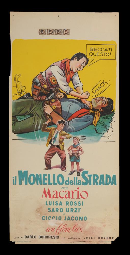 L'immagine riproduce uno dei manifesti conservati presso la Mediateca Regionale Pugliese (vedi Note). Si tratta della locandina del film "Il monello della strada", a firma di Manno (Dante Manno), di cui si conserva anche l'altra versione per il manifesto, identica, ad opera dello stesso artista. Formatosi all'Accademia di Belle Arti, dove fu allievo di Duilio Cambellotti, è stato un grande pittore di cinema. Questo influenzerà la sua carriera, dedicandosi totalmente a quest'arte, sua grande passione fino alla crisi degli anni '70. L'uso degli acquerelli e della tempera, di colori compatti e pastosi rendono le sue figure ben definite e morbide, unendo un certo stile classico e accademico ad una grafica moderna. Manno, come molti altri pittori dell'epoca dediti alla pittu...