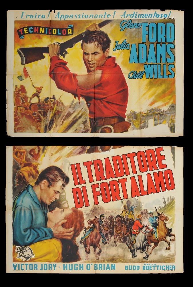 L'immagine riproduce uno dei manifesti conservati presso la Mediateca Regionale Pugliese (vedi Note). Si tratta di una delle versioni grafiche del manifesto del film “Il traditore di Fort Alamo” del 1953, a firma di De Amicis (Aldo De Amicis) come si evince dalla firma presente in alto a destra. Illustratore romano ha iniziato la sua carriera come vignettista del periodico a fumetti “Il Vittorioso”, opportunità questa che gli permise una maturazione stilistica che lo rese più sicuro e pronto per il mondo della cartellonistica. La composizione colpisce per i colori netti, vividi e morbidi, per i contrasti leggeri che formano figure e scene realistiche. De Amicis mostra un grande amore per i dettagli, anche quelli più piccoli (da notare le piccole scende sul forte e quell...